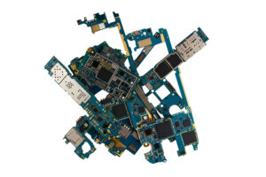 Motherboard for smartphone. A pile of spare parts with microcircuits for a phone on a white background.