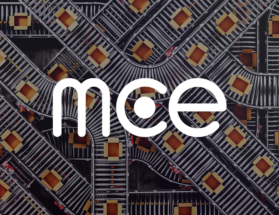 mce logo on top of an image of Multiple cardboard boxes on conveyor belts 