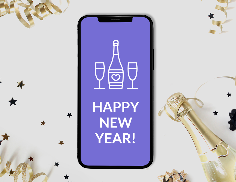 Image of a mobile device displaying a Happy New Year message with confetti and champagne
